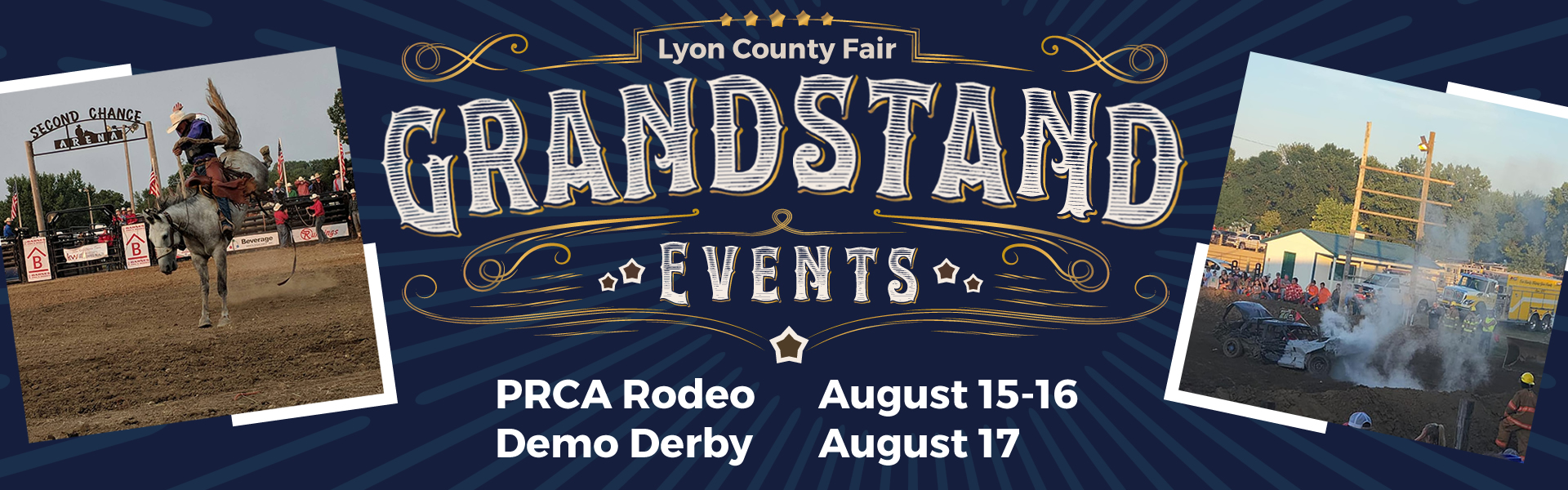 Lyon County Fair Grandstand Events - PRCA Rodeo on August 15-16 and Demolition Derby on August 17