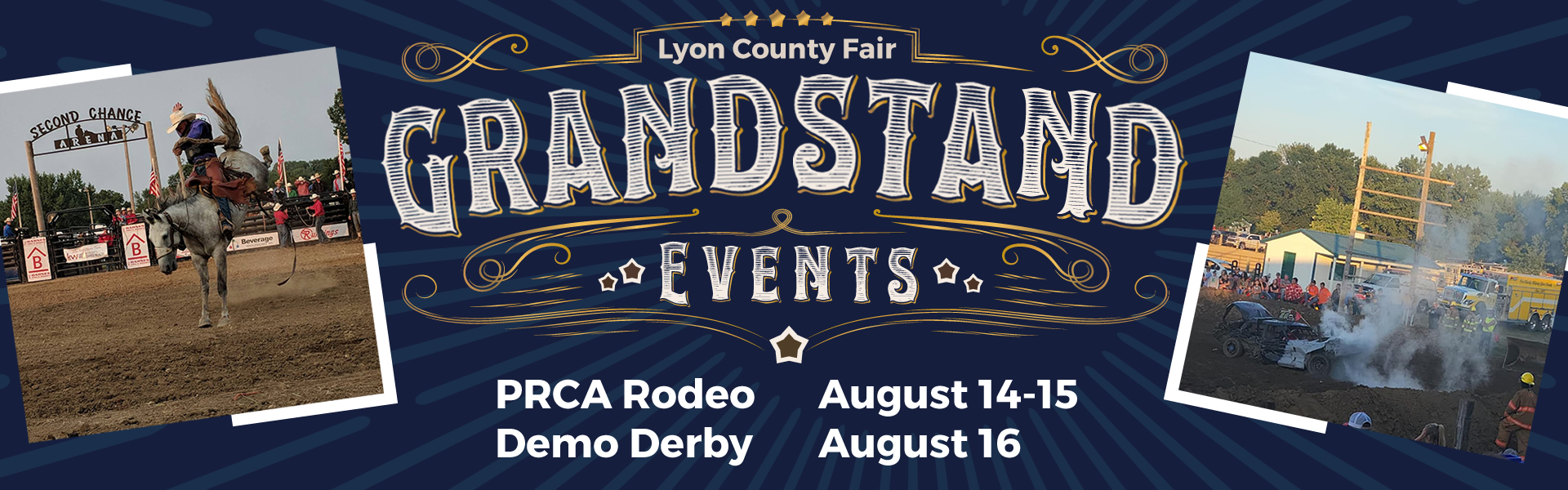 Lyon County Fair Grandstand Events -- PRCA Rodeo on August 14-15 and Demolition Derby on August 16