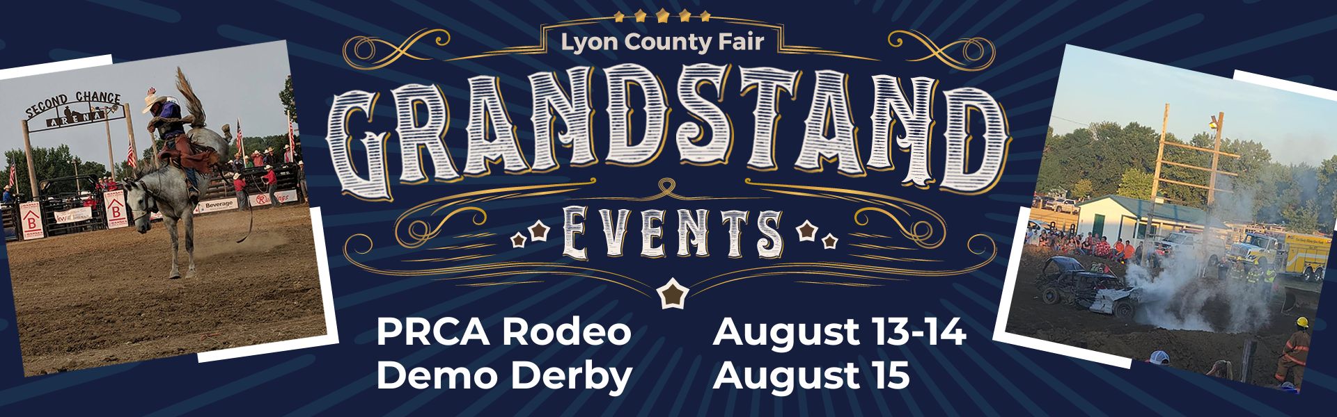 Lyon County Fair 2026 Grandstand Events: PRCA Rodeo on August 13-14 and Demolition Derby on August 15